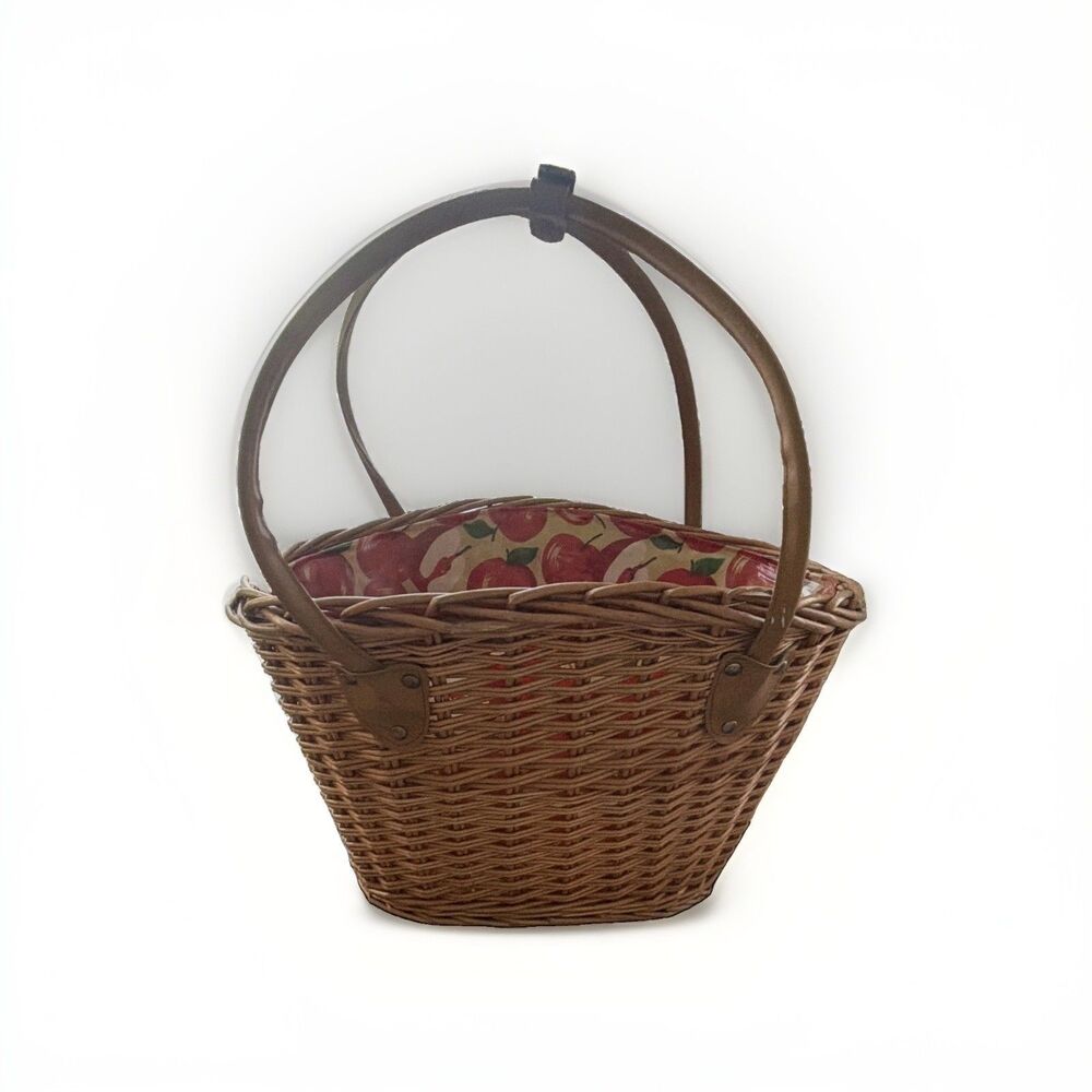 Wicker Oval Basket Double Handles Apple Print Fabric Liner Country Beige